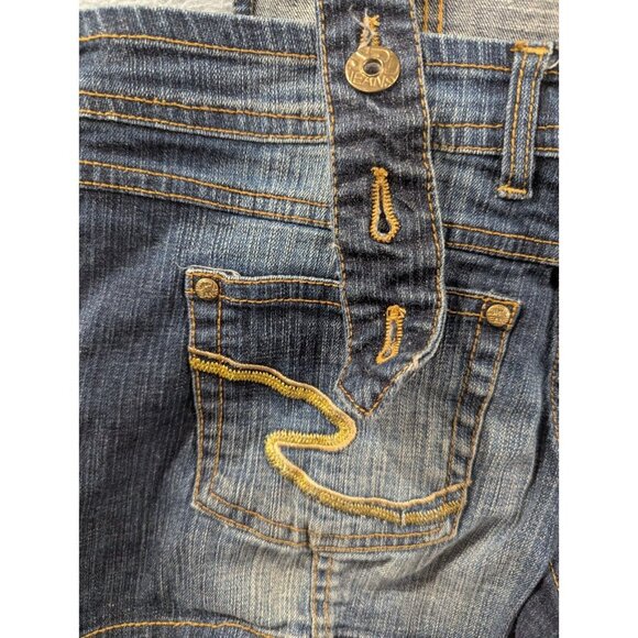 Southpole Bib Overall Shorts Womens Size 9 Denim Embroidered Faded Whiskers - Picture 9 of 12